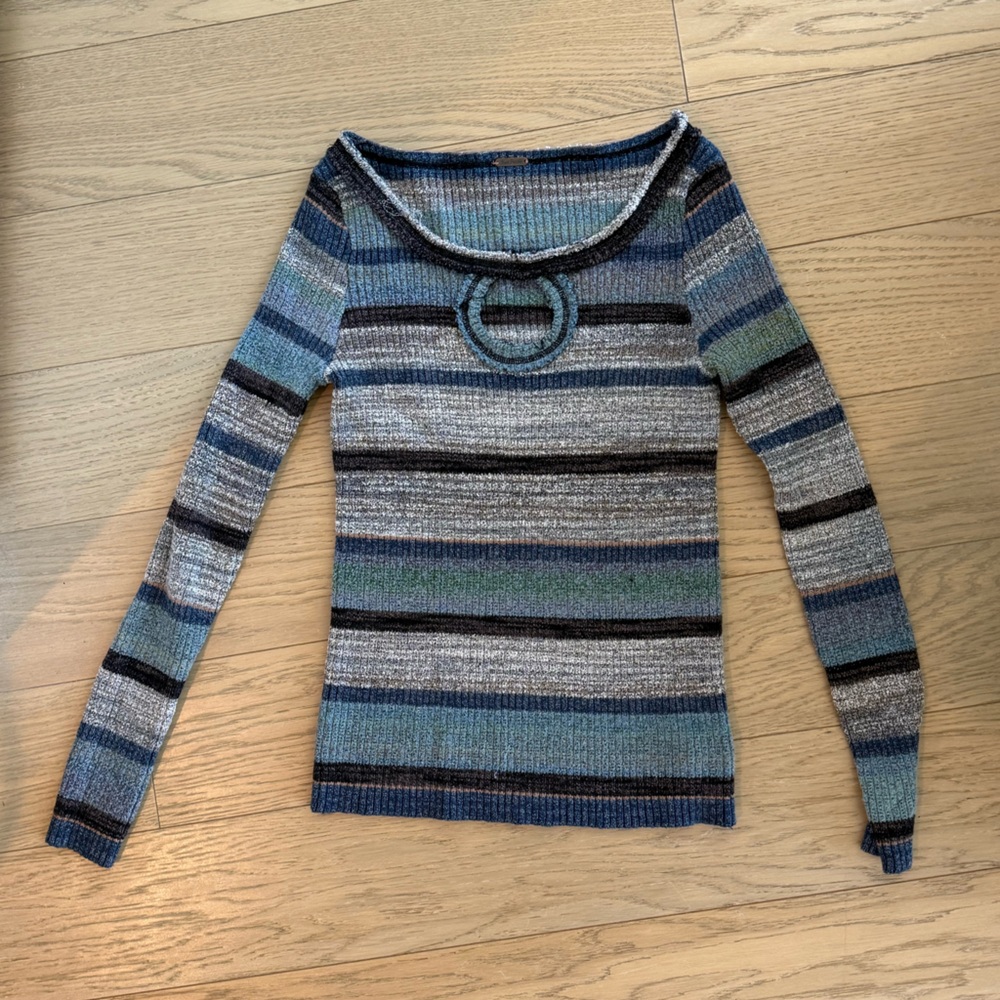 Free People Blue and Gray Striped Crew Neck Top